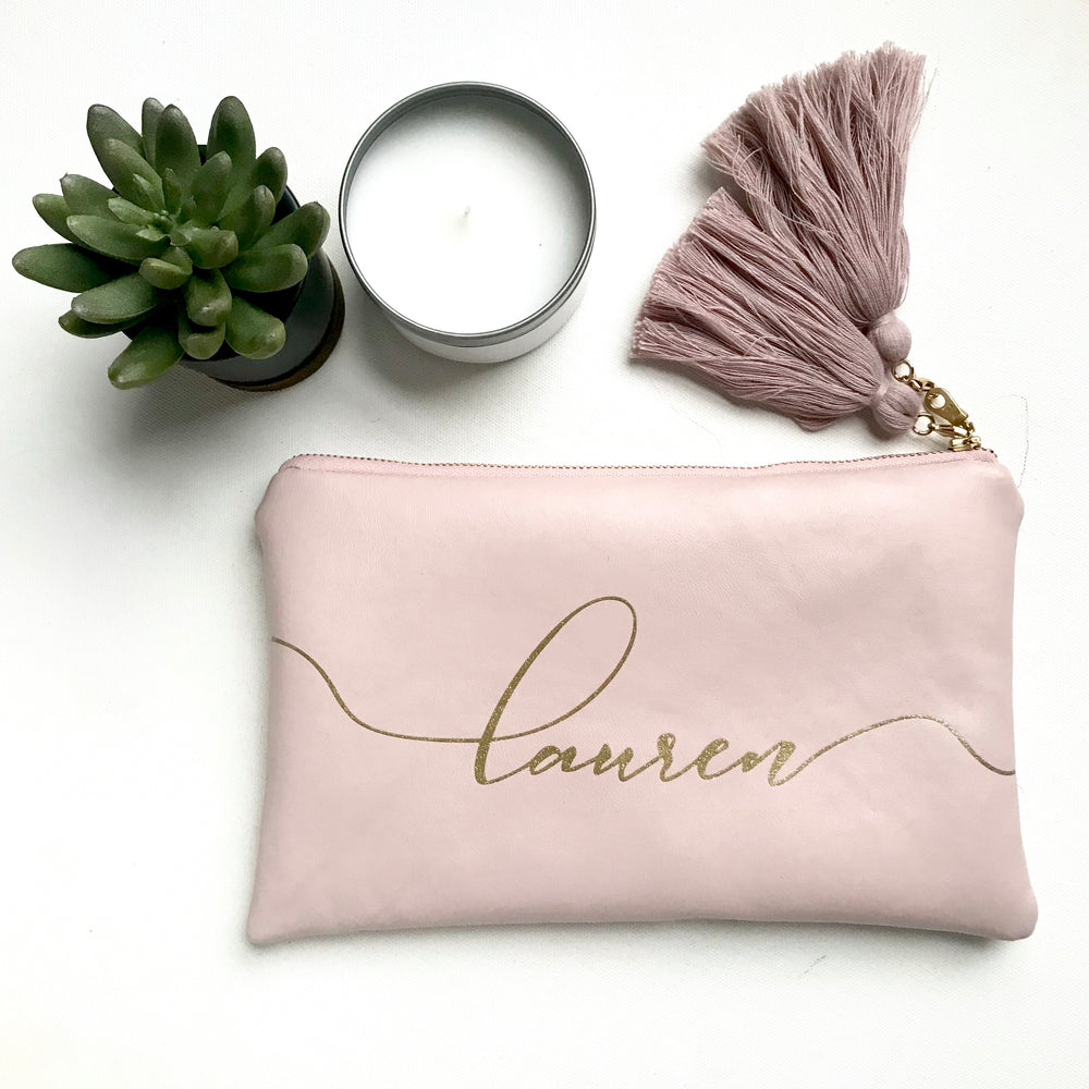 Personalized Rose Leather Name Clutch with gold shimmer detailing