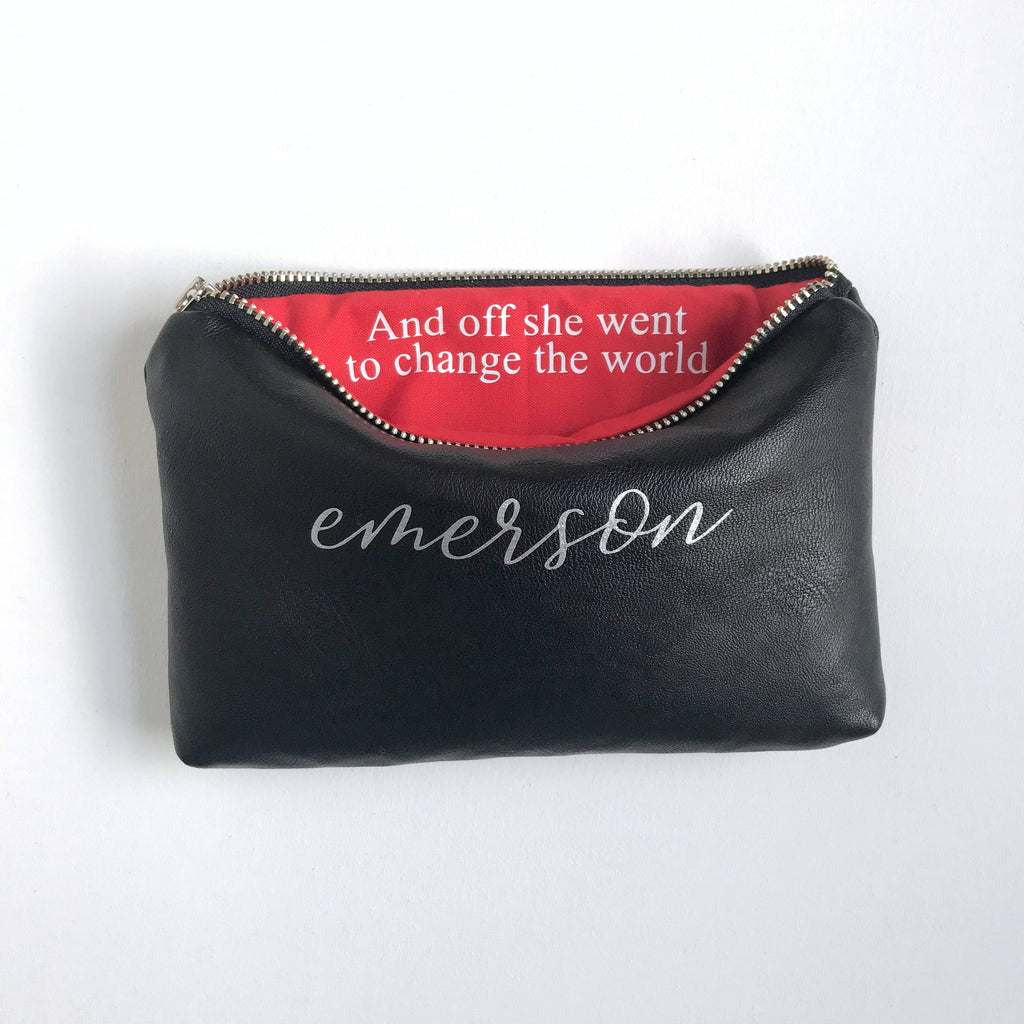 Personalized Black Leather Makeup Bag