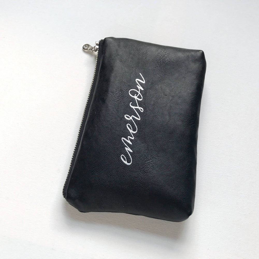 Personalized Black Leather Makeup Bag