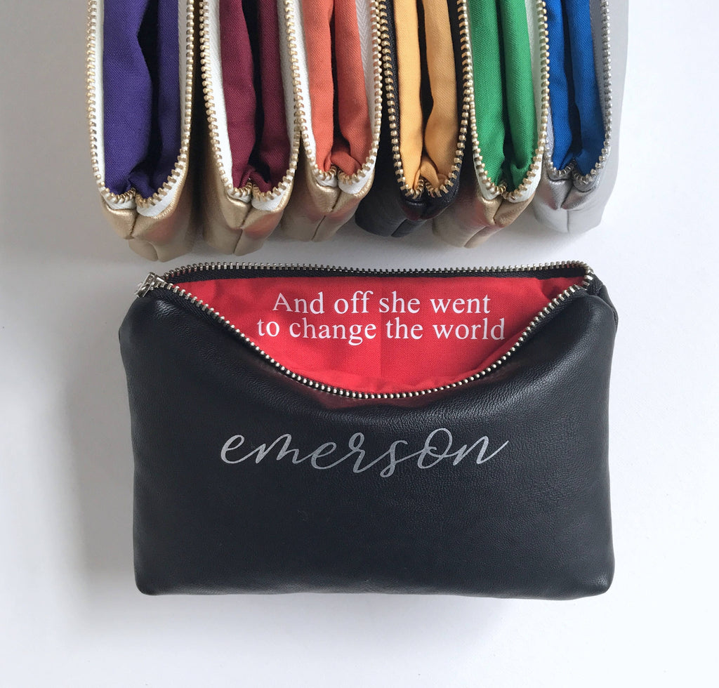 Personalized Black Leather Makeup Bag